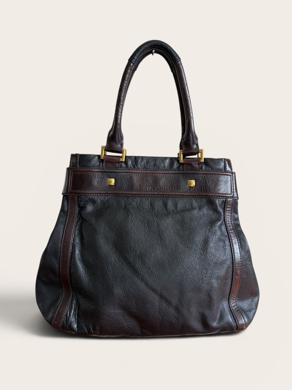 Vintage Banana Republic Dark Brown Leather Tote with Brass Gold Hardware